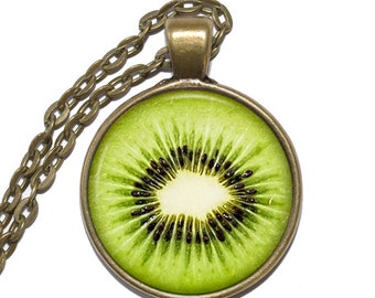KIWI FRUIT Necklace/Keyring, Fruit Necklace, Art Pendant Necklace, Glass Pendant, Nature-Inspired Food Jewelry