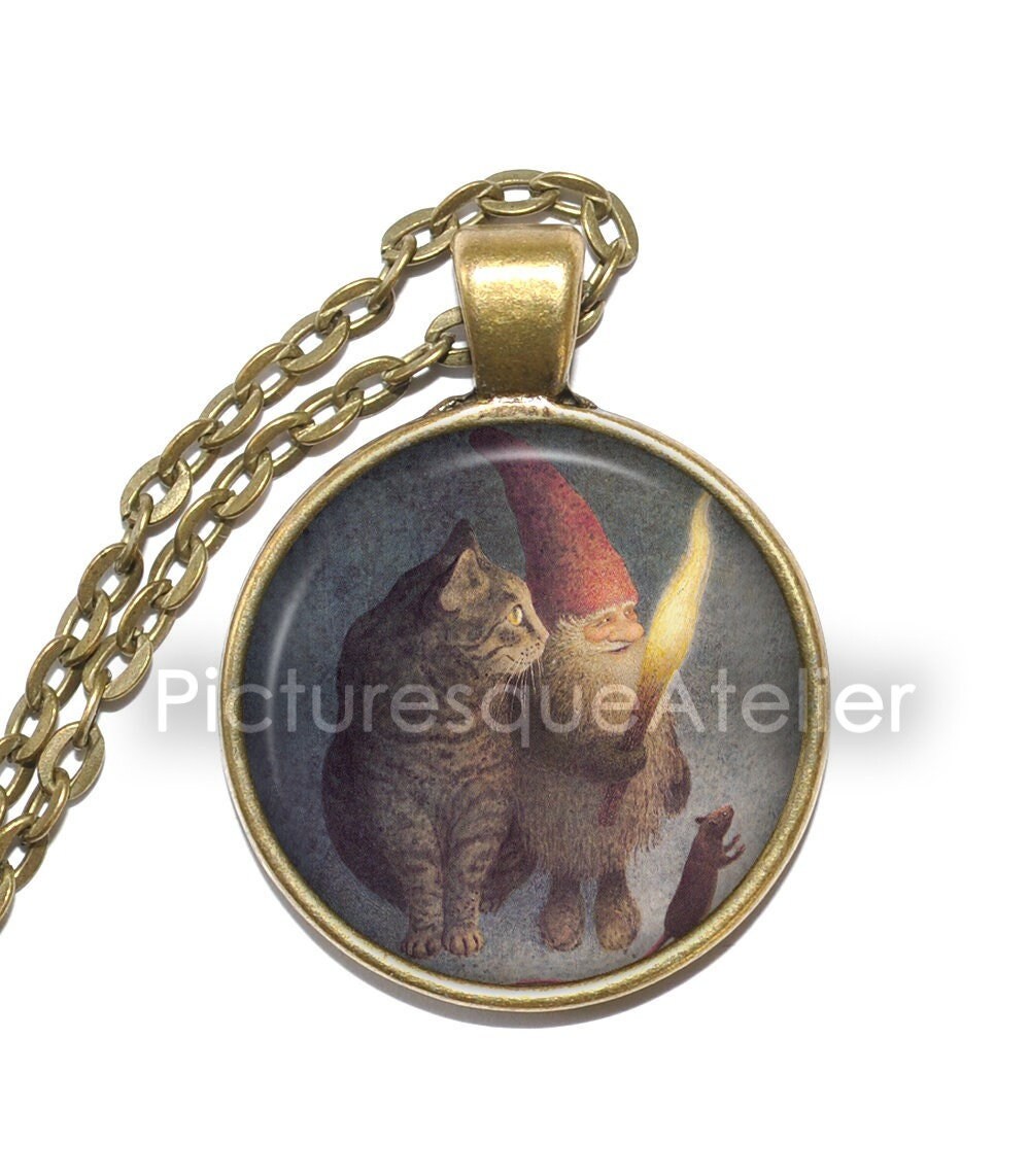 GNOME & CAT Necklace/Keyring, Christmas, Holiday, Winter, Snow, Christmas Spirit, Art Pendant Necklace, Handmade Jewelry, Glass Pendant