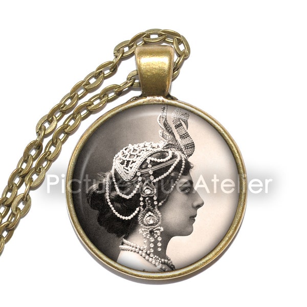 MATA HARI Necklace, Spy, Courtesan, Exotic Dancer, Dutch, Art Pendant Necklace, Glass Pendant