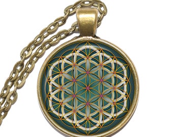 FLOWER OF LIFE Necklace, Sacred Geometry, Symbol, Cycle of Life, Magical, Art Pendant Necklace, Glass Pendant