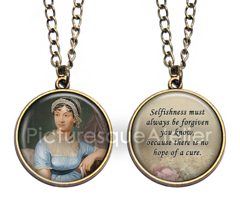 JANE AUSTEN Double Sided Necklace, Quote, Novelist, British, Literary Realism, Inspiration, Art Pendant Necklace image 1