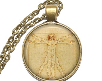 VITRUVIANSKA MANNEN Halsband, Leonardo da Vinci, Polyhistorisk, Renässans, Italiensk, Glashänge, Handgjorda Smycken