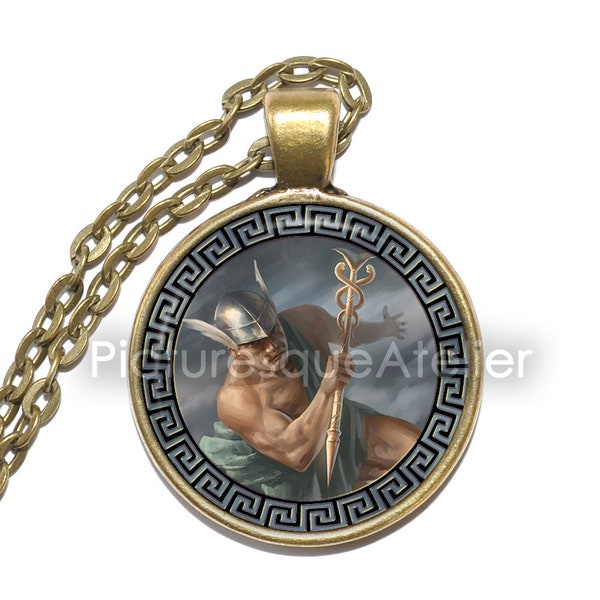 Collier HERMES, dieu du commerce, dieu des voleurs, dieu des voyageurs, dieu des athlètes, dieu des sports, grec, mythologie, pendentif en verre