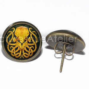 CTHULHU Stud Earrings, Octopus, H. P. Lovecraft, Great Old One, High Priest, Stainless Steel, Bronze, Stud Earrings