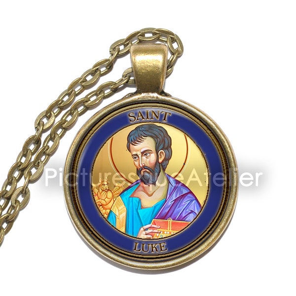 Collier SAINT LUC, saint patron des médecins, saint patron des artistes, l'Évangile, les Actes des apôtres, pendentif en verre