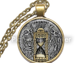 MEMENTO MORI Necklace, Latin, Symbol, Goth, Skull, Art Pendant Necklace, Glass Pendant