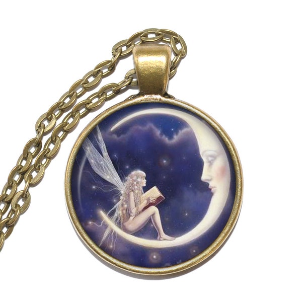 FAIRY & MOON Necklace, Fairy, Moon, Fantasy, Magic, Pixie, Art Pendant Necklace, Glass Pendant, Handmade Jewelry