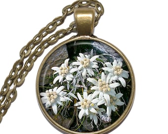 EDELWEISS Necklace/Keyring, Flower Necklace, Mountain Flower, Leontopodium alpinum, Art Pendant, Glass Pendant, Handmade Jewelry