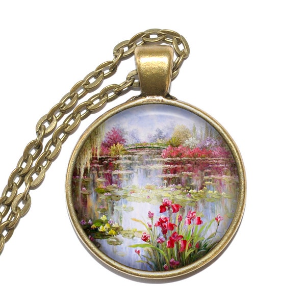 Collier MONET, Nénuphars, Étang, Pont japonais, Peintre, Impressionniste, Français, Pendentif en verre, Bijoux faits main