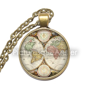 Collier/porte-clés CARTE VINTAGE, vintage, planète Terre, carte ancienne, collier pendentif art, pendentif en verre, bijoux faits main