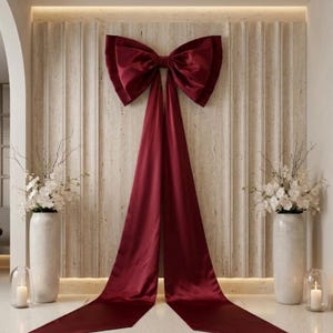 May include: A large, burgundy satin bow is mounted on a textured wall, with long, flowing ribbons extending downwards. The bow is the focal point, creating a dramatic visual effect. White floral arrangements in tall vases flank the bow, adding a touch of elegance.