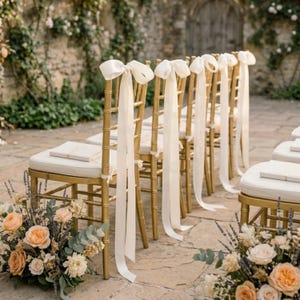 Puede incluir: Filas de sillas doradas con cojines color crema, adornadas con lazos y cintas color crema, dispuestas para un evento al aire libre. Arreglos florales con rosas melocotón y blancas y lavanda en la base de las sillas.