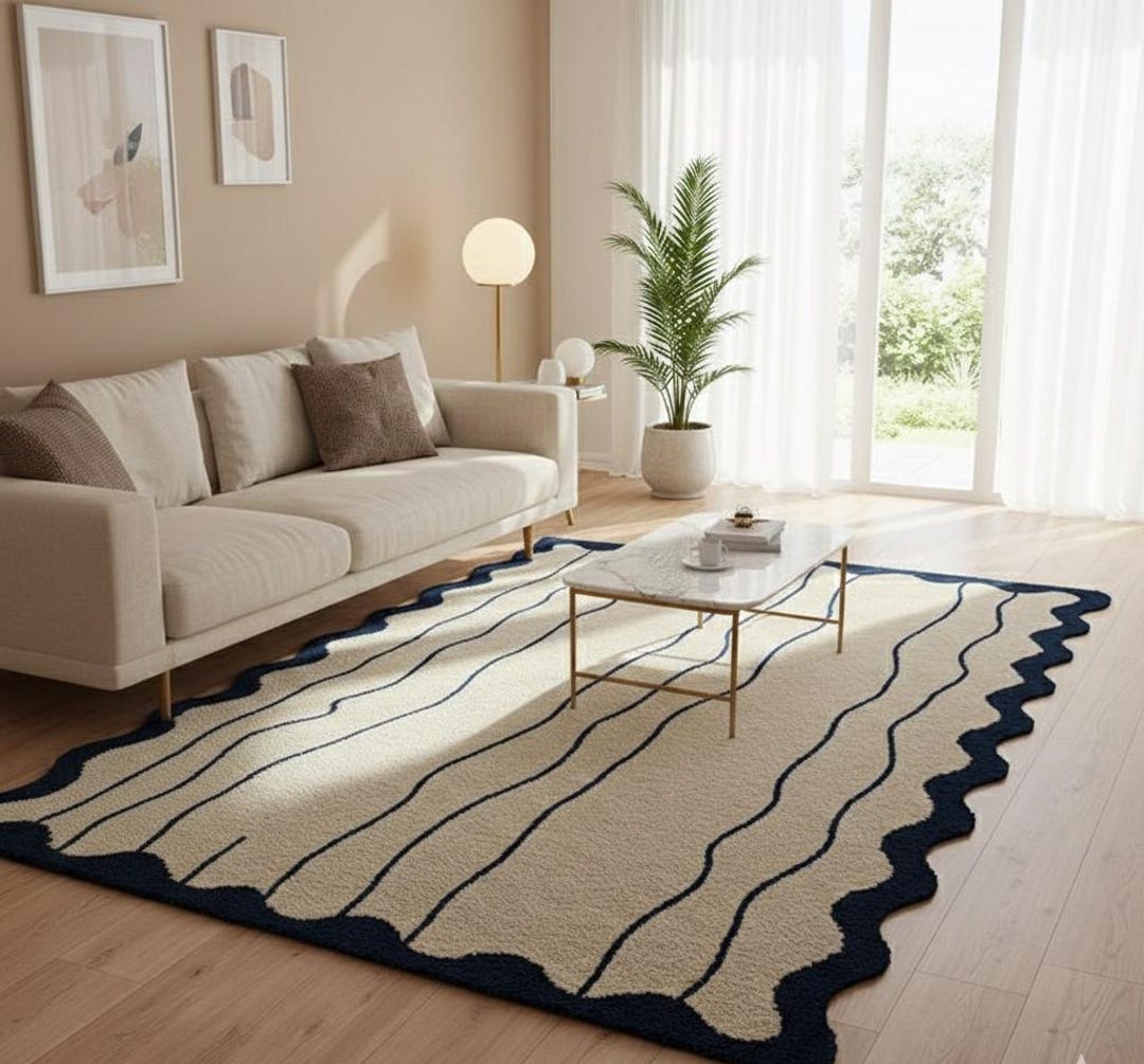 Hand Tufted Wool Area Rug – Modern Abstract Wavy Line Rug in Cream ...