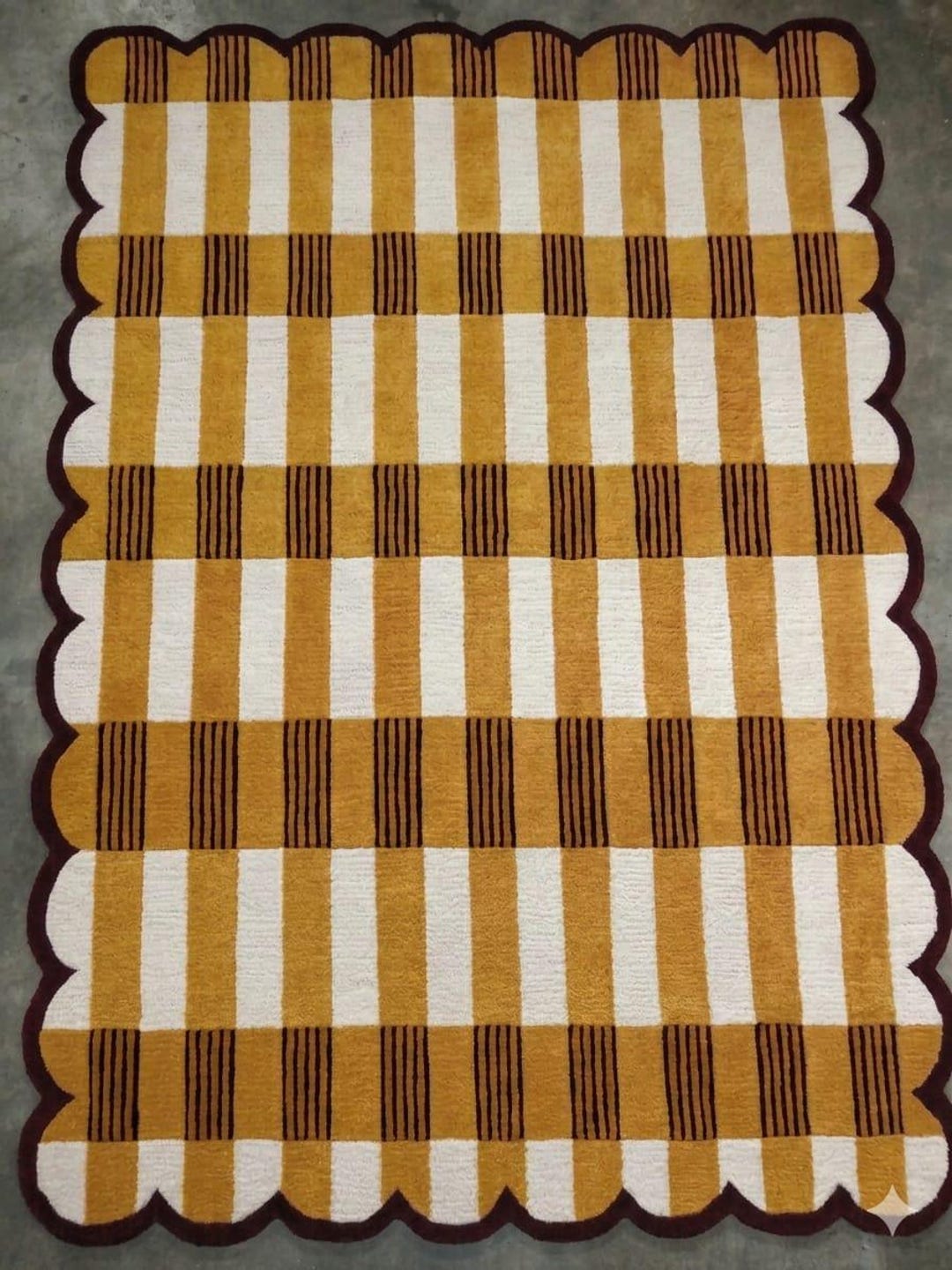 Tufted Check Rug Mustard Checkered Hand Tufted Rug, Scalloped Area Rug, Modern Wool Rug ...