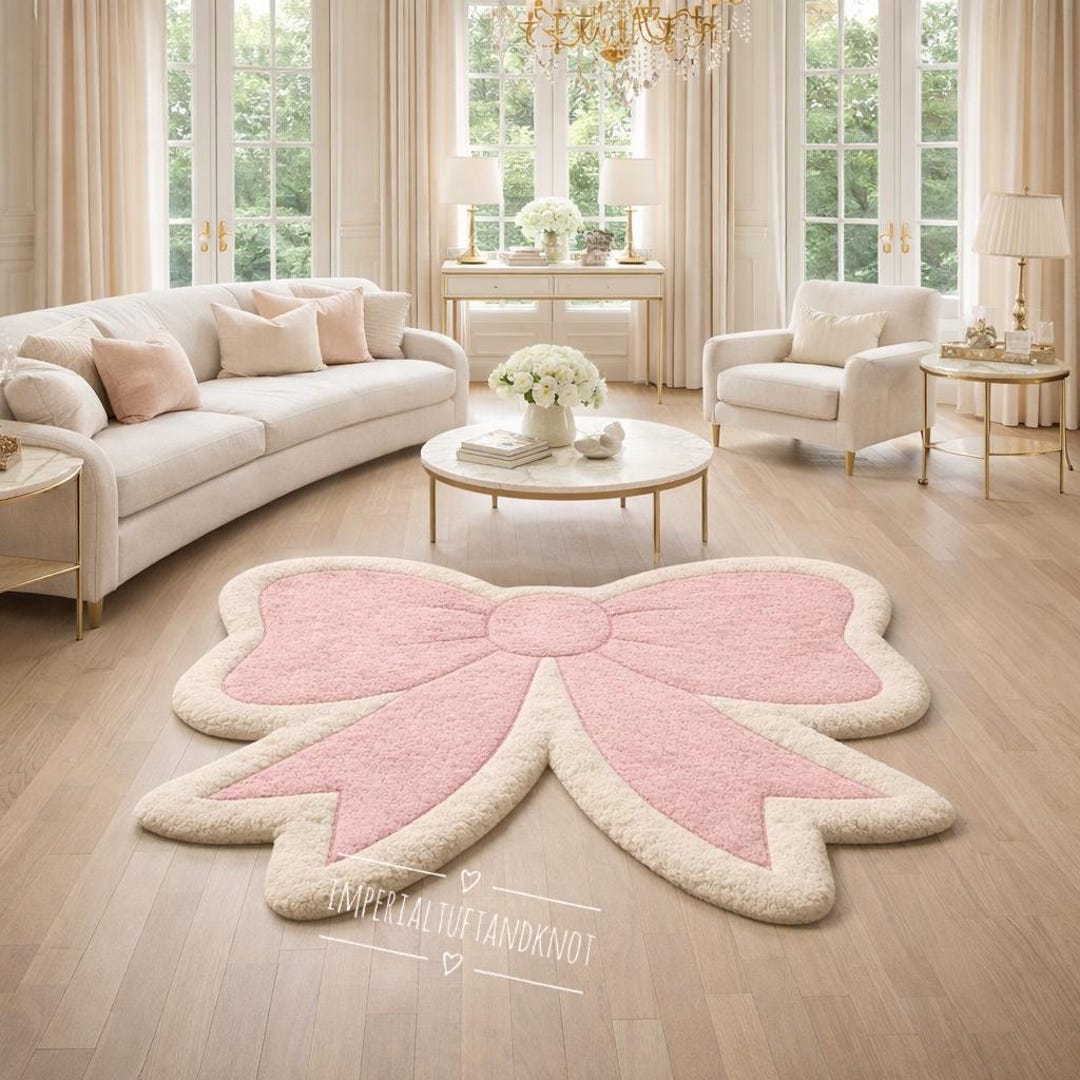 Cute Pink Patterned Rug Handmade Pink Bow Wool Rug, Plush Kawaii Nursery Decor - Etsy