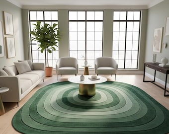 Hand Tufted Green Area Rug – Modern Abstract Oval Wool Rug, Plush Concentric Design Handmade Carpet for Living Room & Bedroom Decor