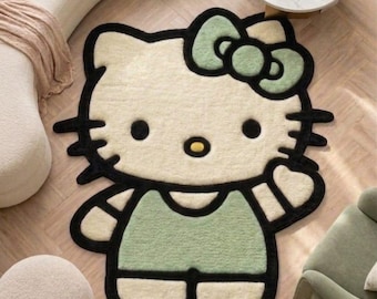 Alfombra de gatito verde adorable tejida a mano, alfombra de dibujos animados kawaii, alfombra tejida a mano, alfombra suave para dormitorio, alfombra para habitación infantil, alfombra de decoración para el hogar, regalo