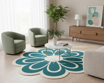 Hand Tufted Floral Area Rug, Scalloped Flower Rug, Modern Wool Designer Rug, Teal Handmade Carpet, Luxury Living Room Accent Rug
