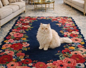 Hand Tufted Floral Rug – Navy Blue Wool Area Rug, Luxury Botanical Carpet, Handmade Tufted Rug for Living Room, Bedroom & Home Decor