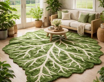 May include: A green leaf-shaped rug with white vein-like patterns dominates a living room scene. The rug sits on a light wood floor, surrounded by plants and a neutral-toned sofa. The room has large windows and a natural, airy feel.