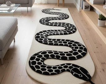 Alfombra de serpiente con mechones hechos a mano: moderna alfombra en blanco y negro, hecha a mano con mechones de lana, decoración contemporánea para pasillos y salas de estar.
