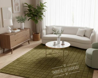 Hand Tufted Green Area Rug, Modern Olive Grid Rug, Handmade Wool Carpet for Living Room Bedroom, Minimalist Scandinavian Home Decor