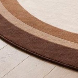 May include: Close-up of a section of a round rug with a rainbow design. The rug features bands of color in shades of brown, beige, and cream. The rug is placed on a light-colored wooden floor.