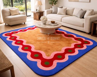 Tappeto astratto tuftato a mano, tappeto moderno colorato, tappeto tuftato in lana fatto a mano, tappeto di design con motivo ondulato per soggiorno, camera da letto, arredamento per la casa