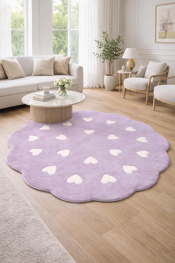 Lavender Heart Hand-Tufted Rug – Scalloped Pastel Round Carpet for Bedroom, Nursery Decor