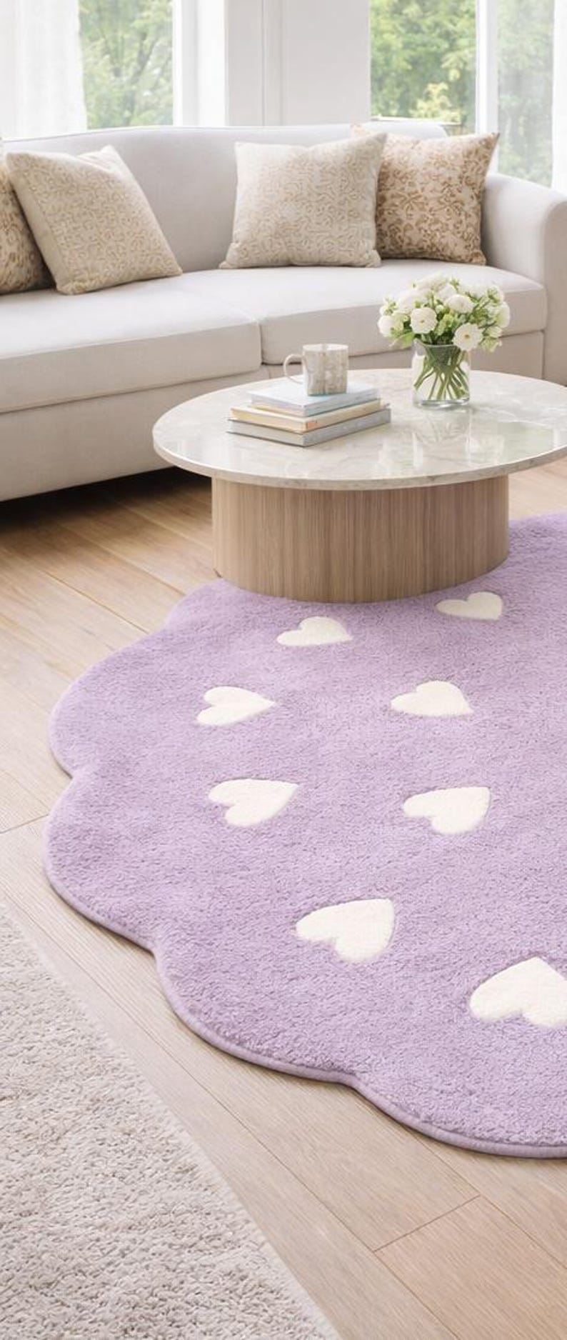 Lavender Heart Hand-Tufted Rug – Scalloped Pastel Round Carpet for Bedroom, Nursery Decor image 3