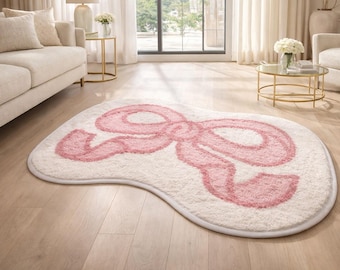Alfombra rosa con lazo, hecha a mano, de felpa y peluda, ideal para decorar el suelo.