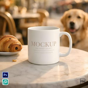 May include: A white ceramic coffee mug with the word "MOCKUP" printed on it, along with additional text. A croissant sits on a white plate to the left of the mug. A golden retriever dog is in the background.