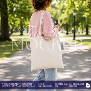 Einkaufstasche Mockup JPG, Park Lifestyle Foto für Natur und Eco Brands, Model mit Canvastasche im Freien, Etsy Produktfoto