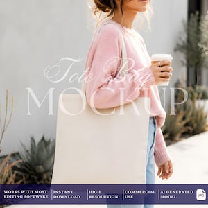 Tragetasche Mockup JPG, Stadtstraße Lifestyle Foto für Alltagsmarken, Modell mit Canvastasche mit Kaffee, Etsy Produktfoto