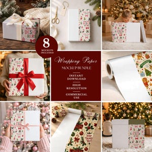 May include: A digital bundle of eight Christmas wrapping paper mockups featuring various gift boxes and paper rolls decorated with festive patterns, including ornaments, bows, and gingerbread men, with placeholder text reading PLACE YOUR DESIGN HERE.