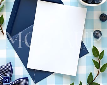 Birthday Invitation Mockup, Blue Berry Themed, Kids Invite Flat Lay Enveloppe Mockup,  5x7" Card PSD Mockup, Baby Shower Mockup