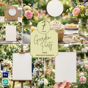 Könnte beinhalten: Ein Mockup-Bundle für eine Gartenparty mit sieben Artikeln. Das Bild zeigt eine braune Papiertüte, einen Cupcake mit einem weißen Kreis, eine leere Karte, eine kleine Staffelei mit einer leeren Leinwand und eine Vase mit Blumen. Der Text lautet "Garden Party Mini Mockup Bundle."