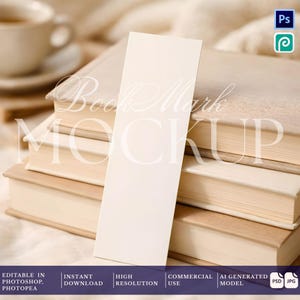 May include: A blank, rectangular, off-white bookmark standing vertically against a stack of three closed, light-colored hardcover books. The bookmark has a smooth, matte surface and is positioned centrally in front of the books, which are stacked.