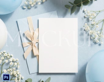Maquette d'invitation d'anniversaire, maquette d'invitation d'enfants bleus, maquette de carte 5 x 7, maquette de baby shower pour garçon, maquette de carte de voeux, maquette d'invitation à une fête PSD