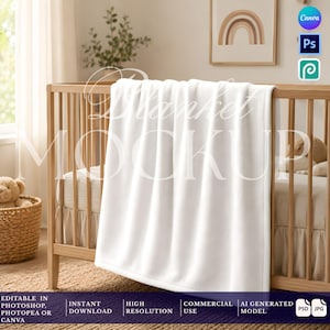 Baby Blanket Mockup, Nursery Velveteen Plush, Photoshop Smart Object PSD, Canva Template (Digital Download)