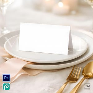 Wedding Place Card Mockup 3.5x2 Folded, Elegant Table Setting Mockup, Reception Name Card, Neutral Luxury Styled Stock Photo
