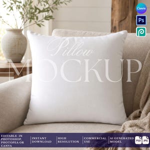 May include: A square white throw pillow featuring the text Pillow MOCKUP centred on the front. The pillow is positioned on a neutral-toned sofa, with a blurred vase and greenery visible in the background, creating a clean and simple display.