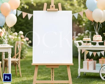 Garden Party Welcome Sign Mockup 24x36 PSD | Outdoor Birthday Baby Shower Wedding Sign Display | Editable Smart Object