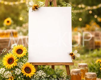 Bee and Honey Welcome Sign Mockup 24x36,  Sunflower Birthday Welcome Sign Mockup, Bee Party Sign Mockup PSD JPG