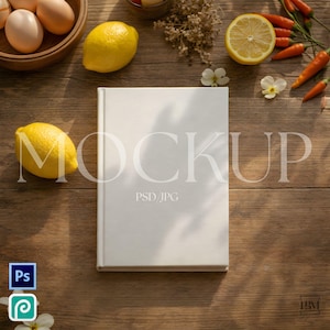 Maqueta de diario de tapa dura A5 / Maqueta de libro de cocina PSD (objeto inteligente) / Maqueta de libro de estilo de vida de cocina rústica / JPG de 300 DPI