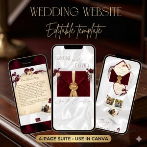 May include: A wedding website template displayed on three smartphones. The screens showcase a burgundy and gold color scheme with floral accents. Text includes "Wedding Website," "Editable template," and "Our Love Story."
