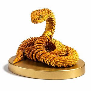 May include: A golden-colored snake sculpture with detailed scales and a raised head, coiled on a round, gold-colored base. The snake's eyes are visible, and the sculpture has a textured appearance.