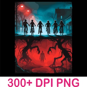 Può includere: Illustrazione digitale con sei figure in bicicletta su sfondo blu e rosso. La parte superiore raffigura una scena di strada sotto lampioni rossi, mentre la parte inferiore mostra un mondo sotterraneo rosso e minaccioso. Il testo in basso recita "300+ DPI PNG".