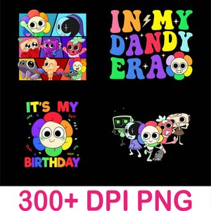 Könnte beinhalten: Schwarzer Hintergrund mit vier farbenfrohen Cartoon-Designs. Ein Design zeigt "IN MY DANDY ERA" in Regenbogenbuchstaben. Ein anderes zeigt "IT'S MY BIRTHDAY" mit einer Blumenfigur. Weitere Designs zeigen verschiedene Cartoon-Charaktere.