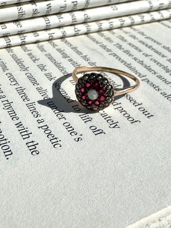Victorian Ruby, Opal & Gray Seed Pearl Halo Ring … - image 9